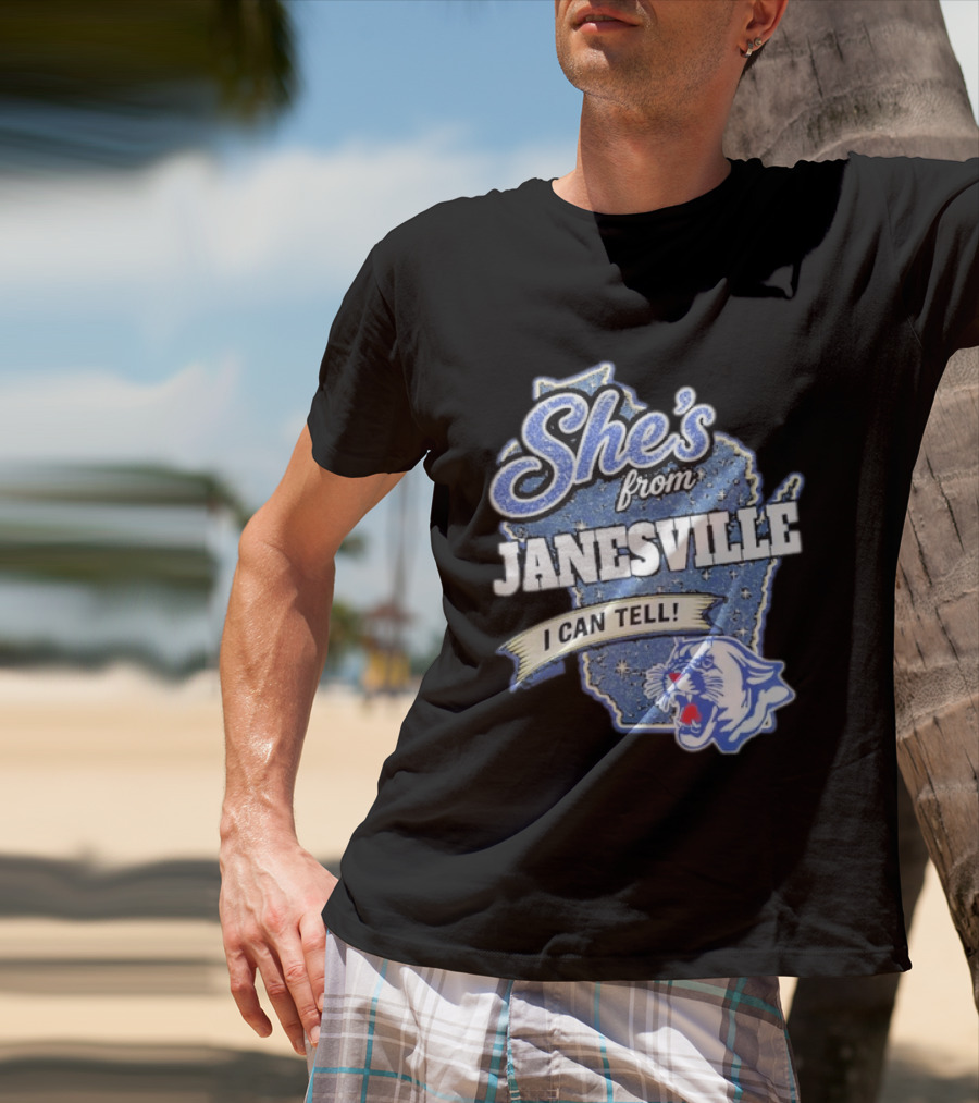 She's From Janesville I Can Tell With Wisconsin Map And Wildcat T-Shirt