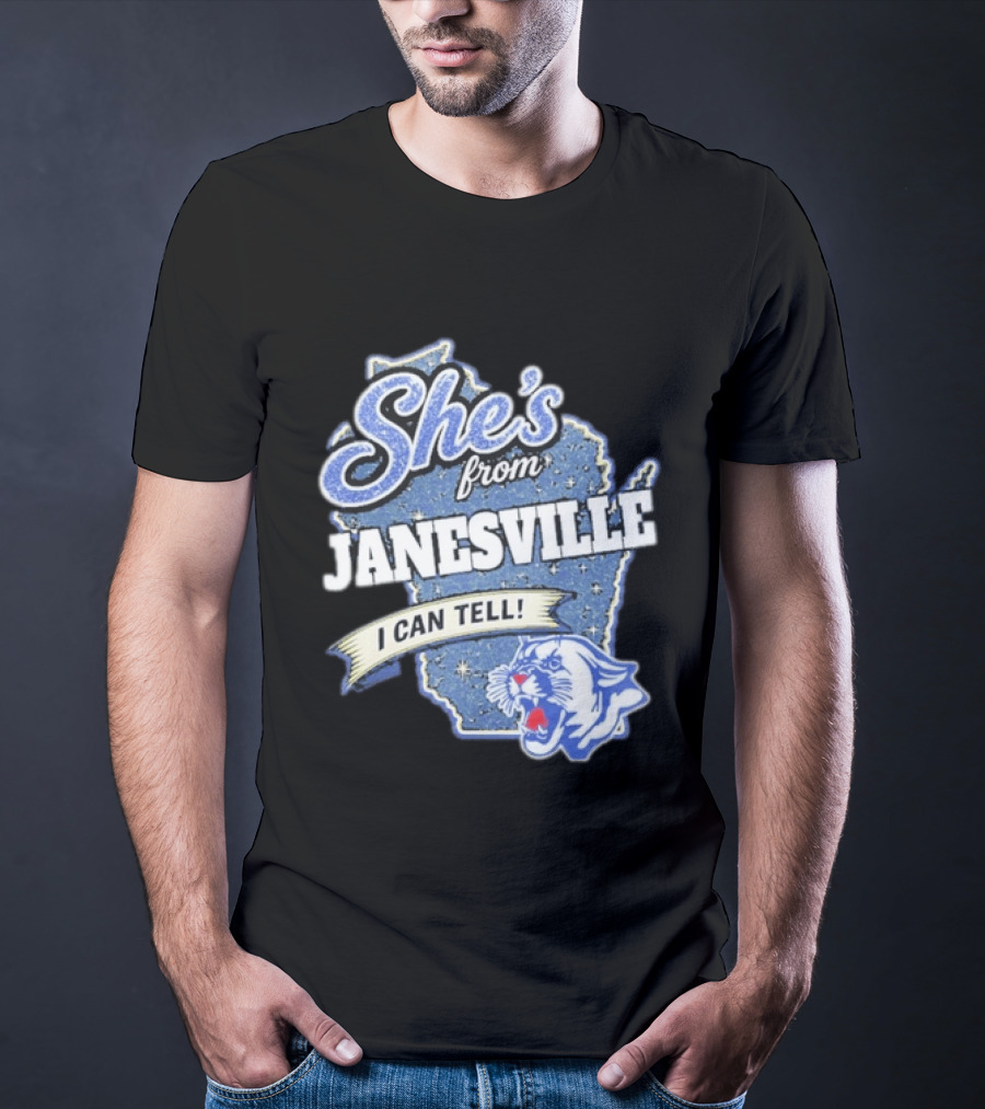 She's From Janesville I Can Tell With Wisconsin Map And Wildcat T-Shirt