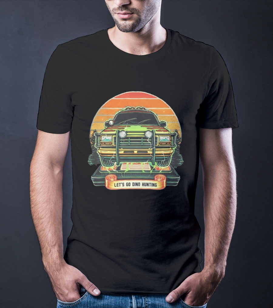Jurassic Park Let's Go Dino Hunting Adventure Off Road Vehicle Sunset Scene T-Shirt