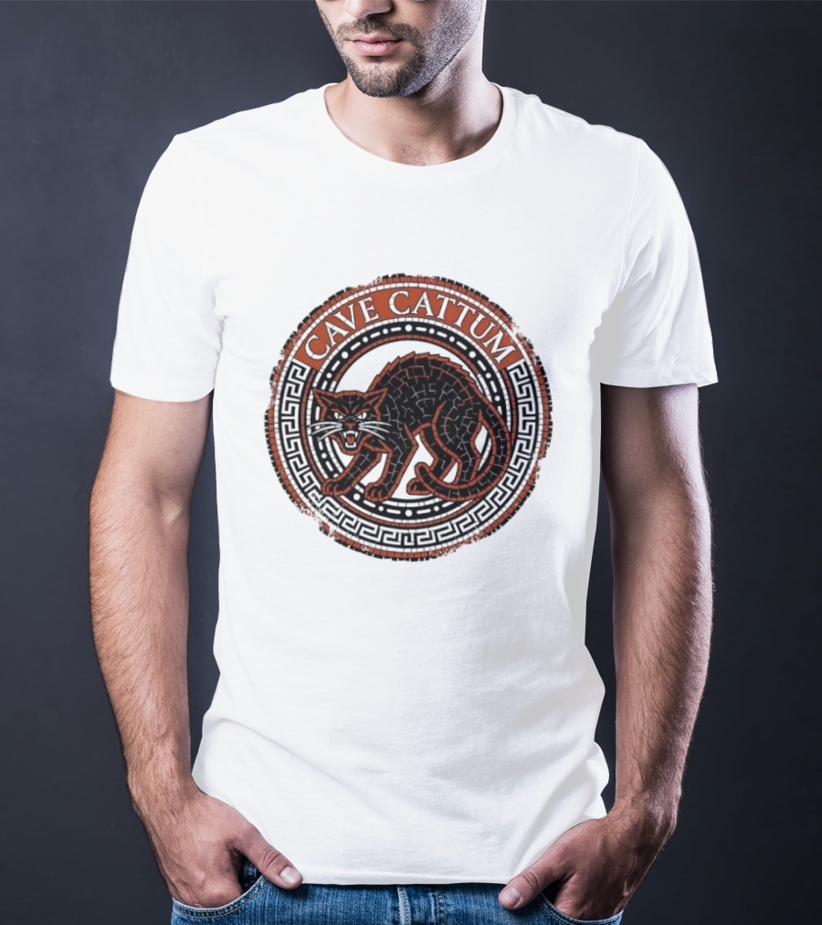 Cave Cattum Angry Cat Mosaic Roman Warning Sign T-Shirt