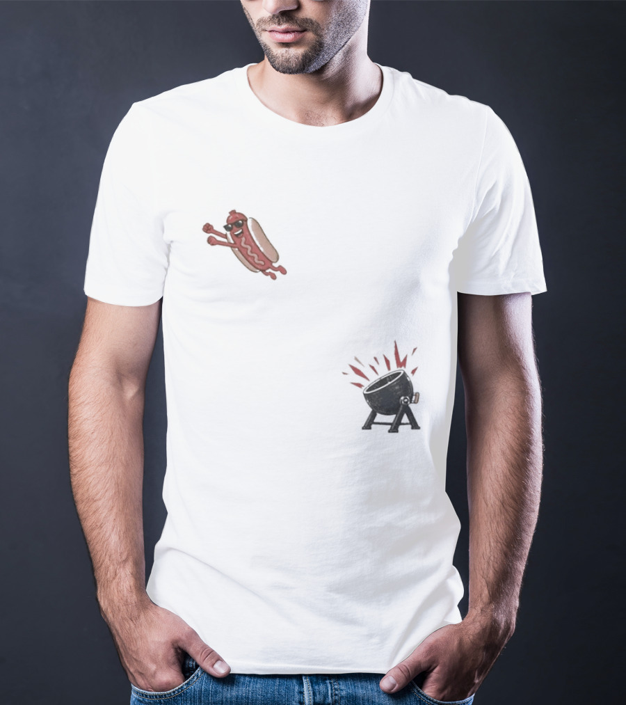 Hot Dog Jumping Into Grill Cartoon T-Shirt
