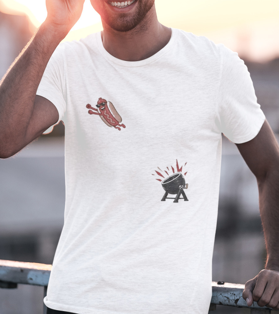 Hot Dog Jumping Into Grill Cartoon T-Shirt
