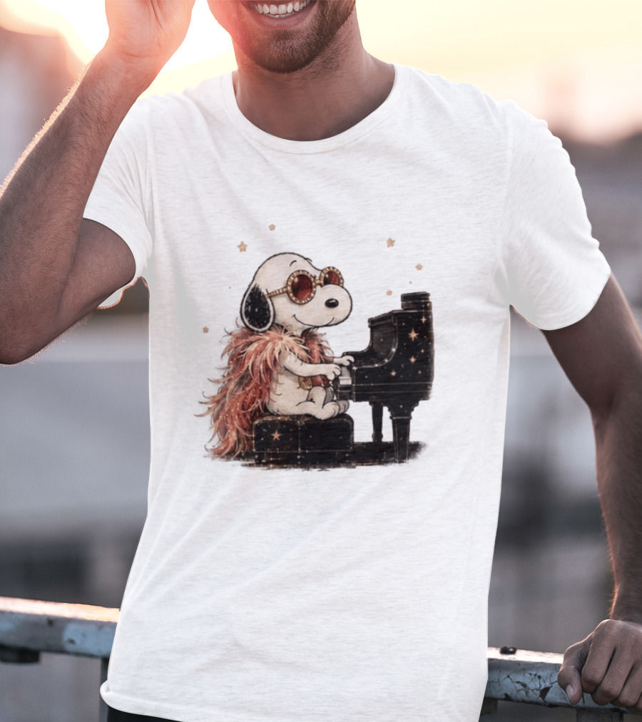 Snoopy Elton John Playing Piano Under Starry Nights T-Shirt