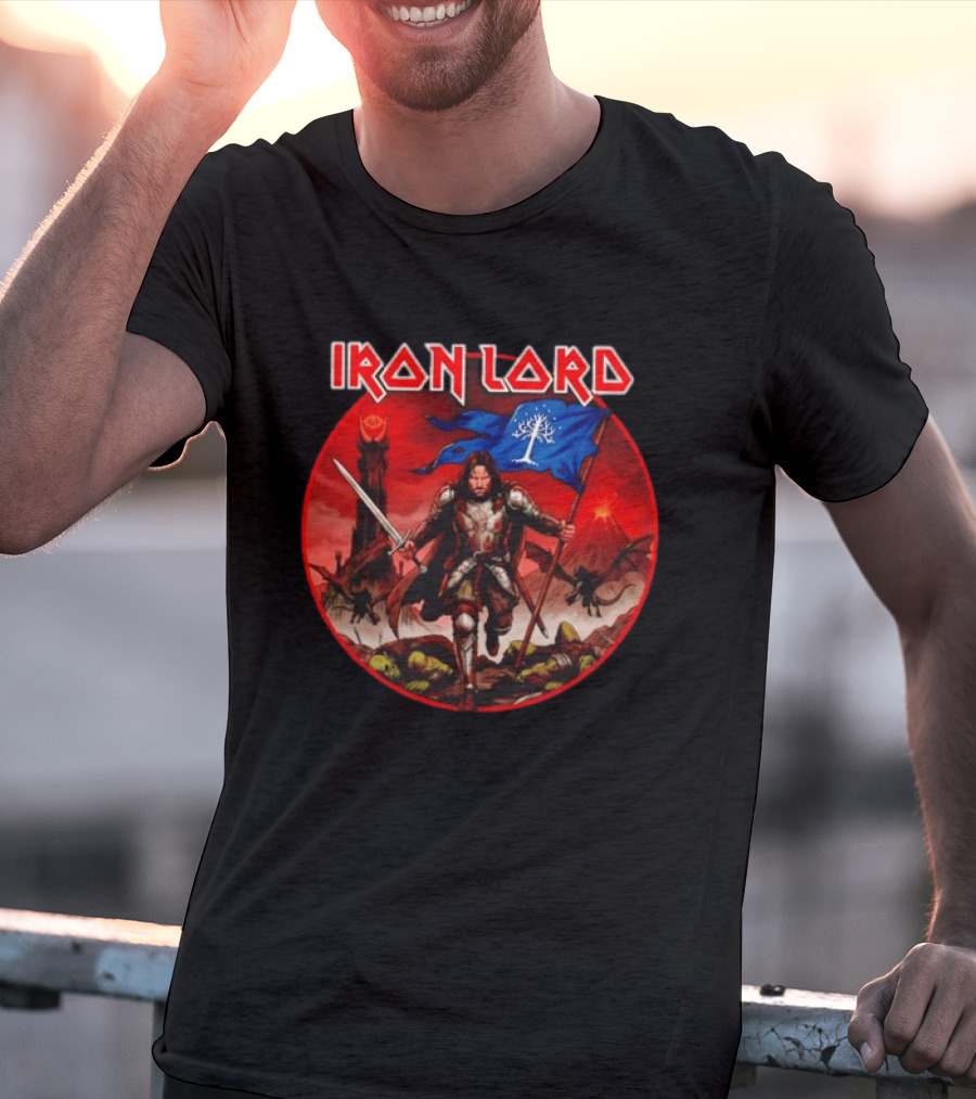Lord Of The Rings Aragorn Iron Lord Middle Earth Battle With Flag And Sword T-Shirt