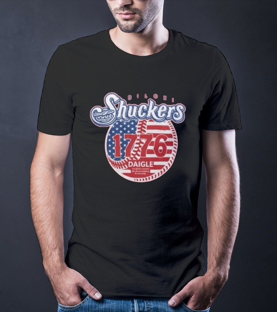 Biloxi Shuckers 1776 American Flag Baseball Daigle Text Stars Stripes T-Shirt