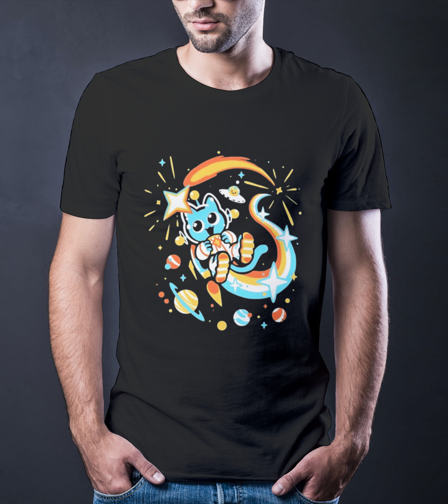 Cosmic Cat Cosmonaut Adventure In Stardust Space With Planets And Shooting Stars T-Shirt