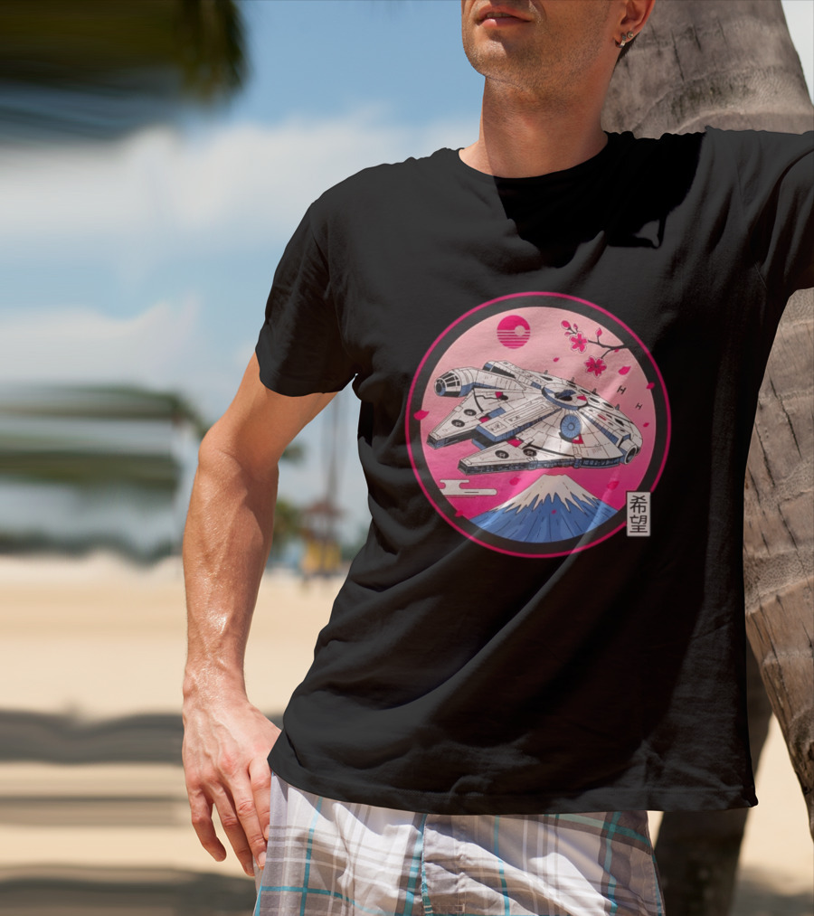 Millennium Falcon Over Fuji Cherry Blossoms Hope Kanji Circle T-Shirt