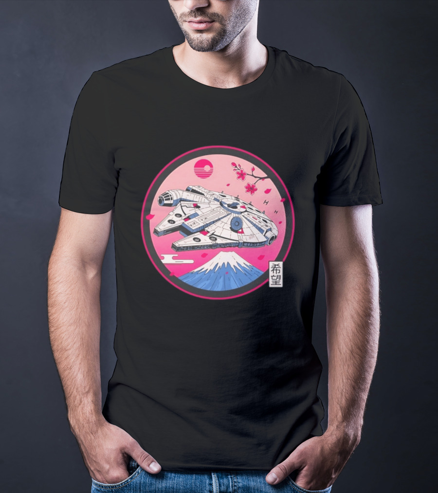 Millennium Falcon Over Fuji Cherry Blossoms Hope Kanji Circle T-Shirt