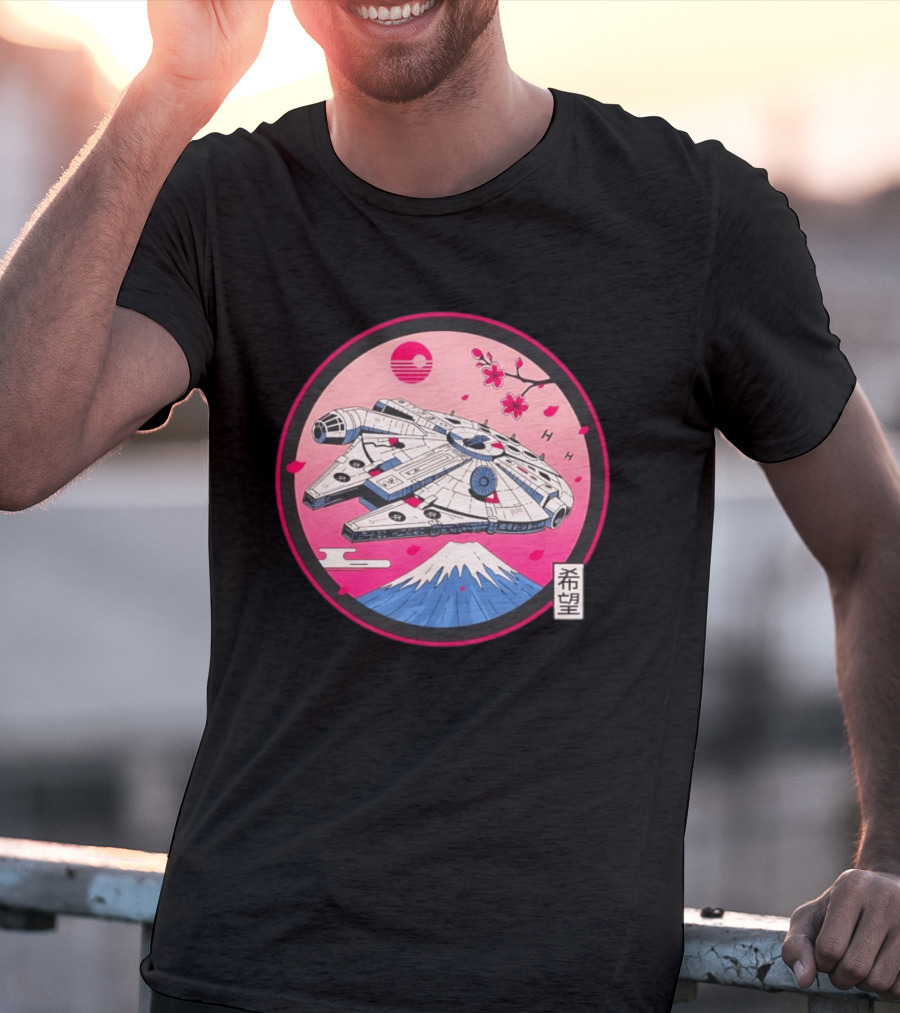 Millennium Falcon Over Fuji Cherry Blossoms Hope Kanji Circle T-Shirt