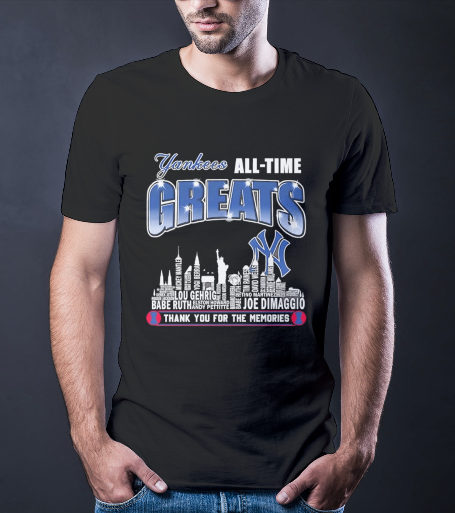 Yankees All Time Greats Lou Gehrig Babe Ruth Joe DiMaggio Derek Jeter MLB Skyline Yankees NY Thank You For The Memories T-Shirt