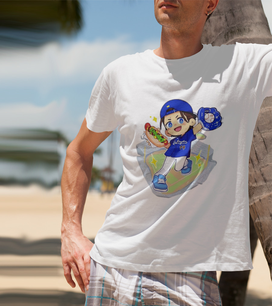 Enrique Hernandez Los Angeles Dodgers 14 Cartoon Style Baseball Glove And Hot Dog T-Shirt