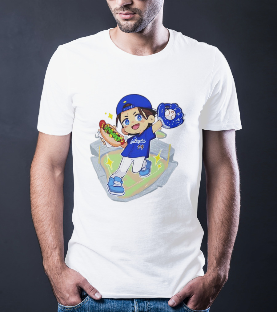 Enrique Hernandez Los Angeles Dodgers 14 Cartoon Style Baseball Glove And Hot Dog T-Shirt