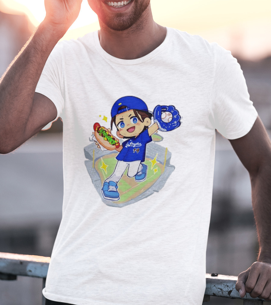 Enrique Hernandez Los Angeles Dodgers 14 Cartoon Style Baseball Glove And Hot Dog T-Shirt