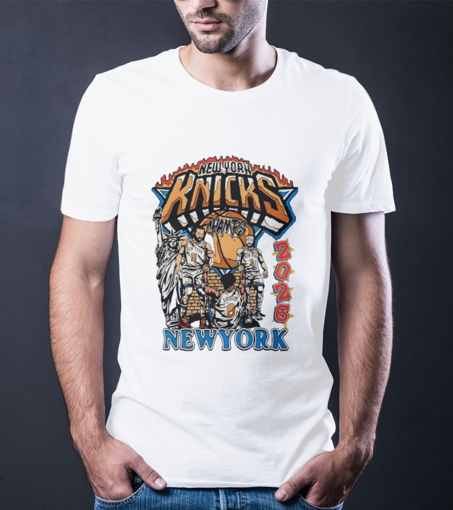 New York Knicks 2026 Champs Jalen Brunson OG Anunoby Josh Hart Statue Of Liberty T-Shirt