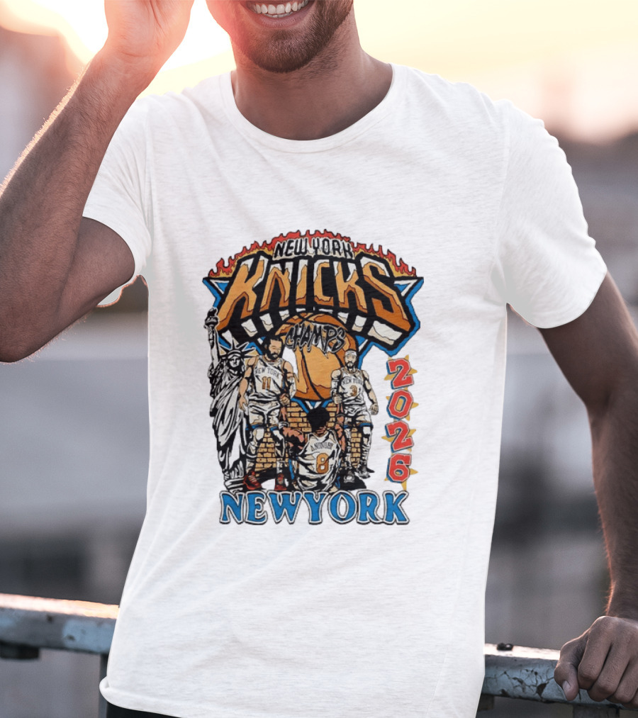 New York Knicks 2026 Champs Jalen Brunson OG Anunoby Josh Hart Statue Of Liberty T-Shirt
