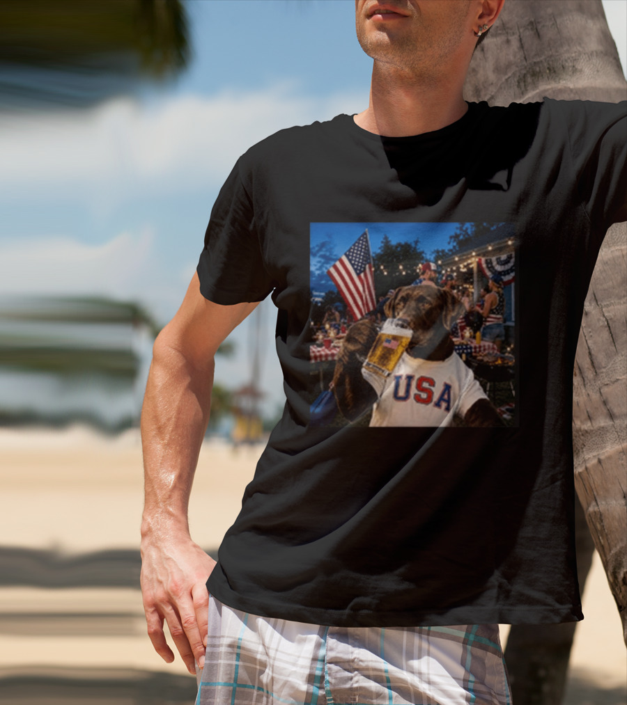 USA Chocolate Lab Drinking Beer American Flag 4th Of July Dog T-Shirt