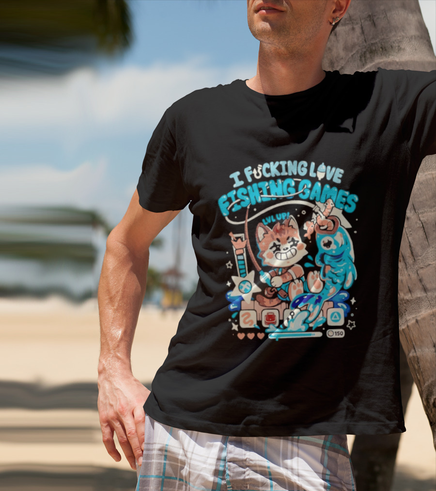 I Fucking Love Fishing Games XP Splash Cute Cat With Fish And Hearts T-Shirt