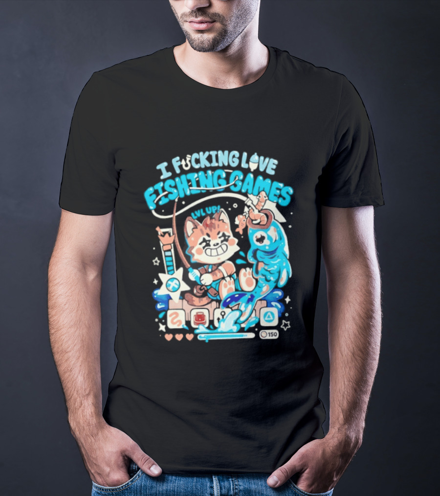 I Fucking Love Fishing Games XP Splash Cute Cat With Fish And Hearts T-Shirt
