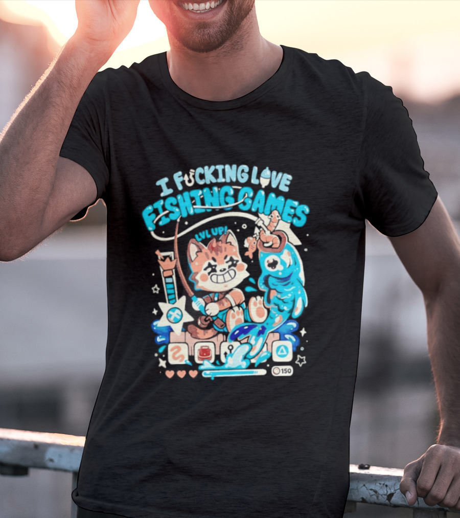 I Fucking Love Fishing Games XP Splash Cute Cat With Fish And Hearts T-Shirt