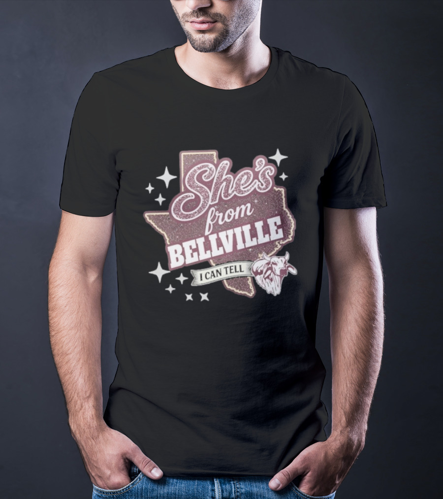 She's From Bellville I Can Tell Texas Map Stars Cowhead T-Shirt