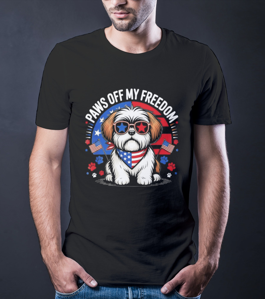 Paws Off My Freedom Shih Tzu American Flag Sunglasses Stars And Stripes T-Shirt