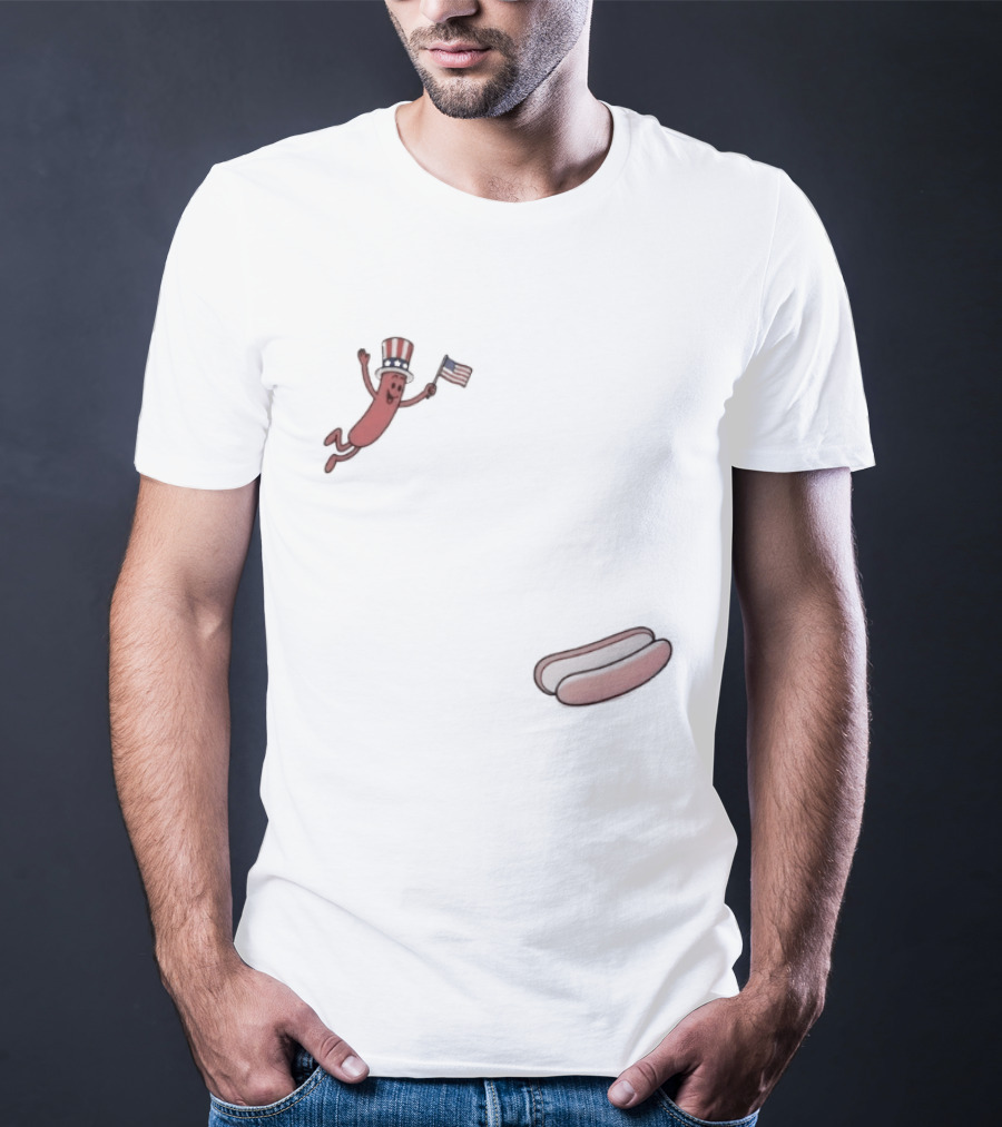 Hot Dog Wearing USA Flag Hat Jumping With American Spirit T-Shirt