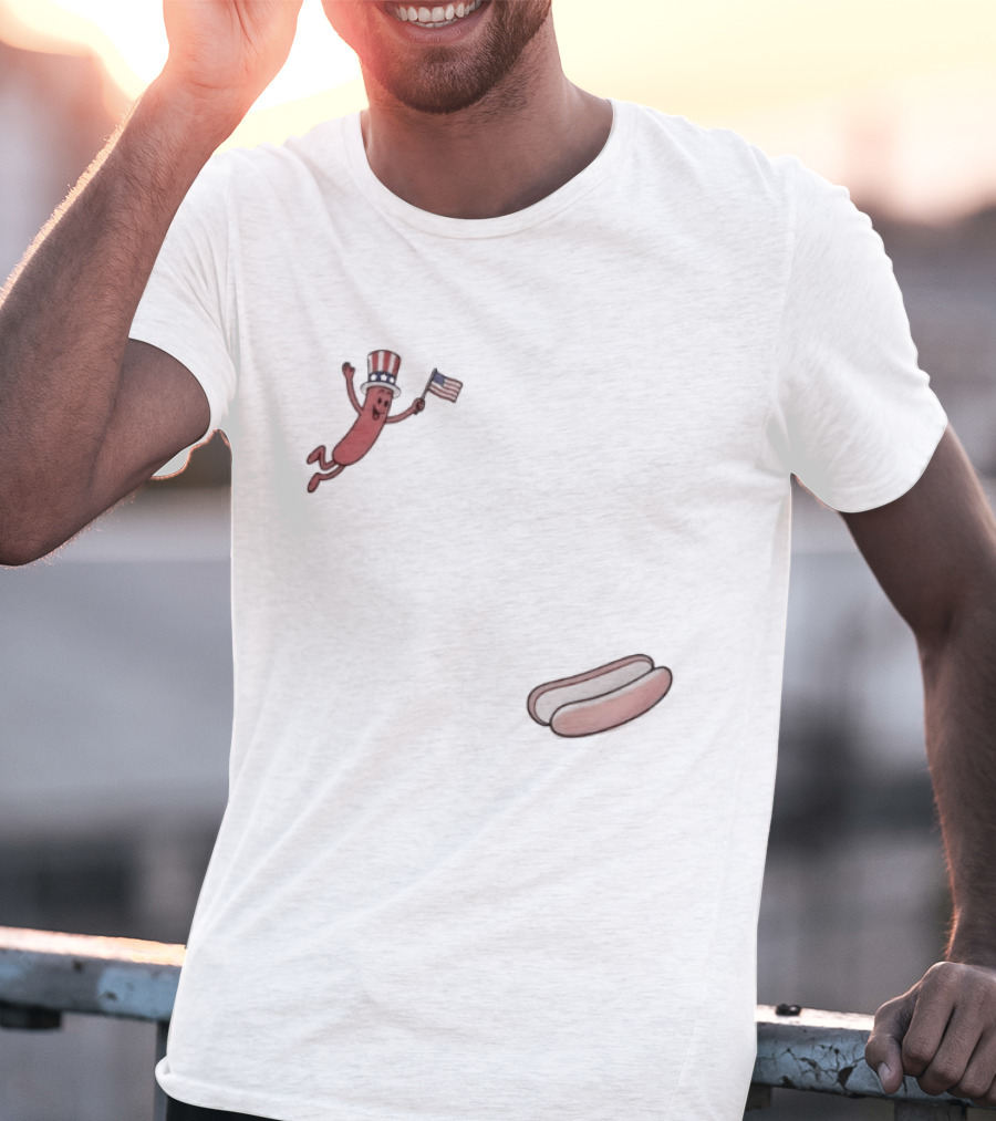 Hot Dog Wearing USA Flag Hat Jumping With American Spirit T-Shirt