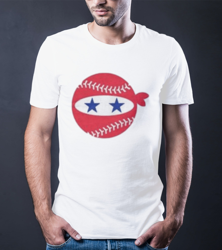 Pitching Ninja Baseball Two Blue Stars Red Baseball Stitches T-Shirt