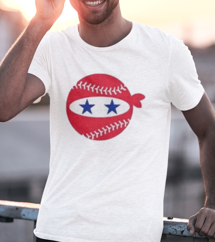 Pitching Ninja Baseball Two Blue Stars Red Baseball Stitches T-Shirt