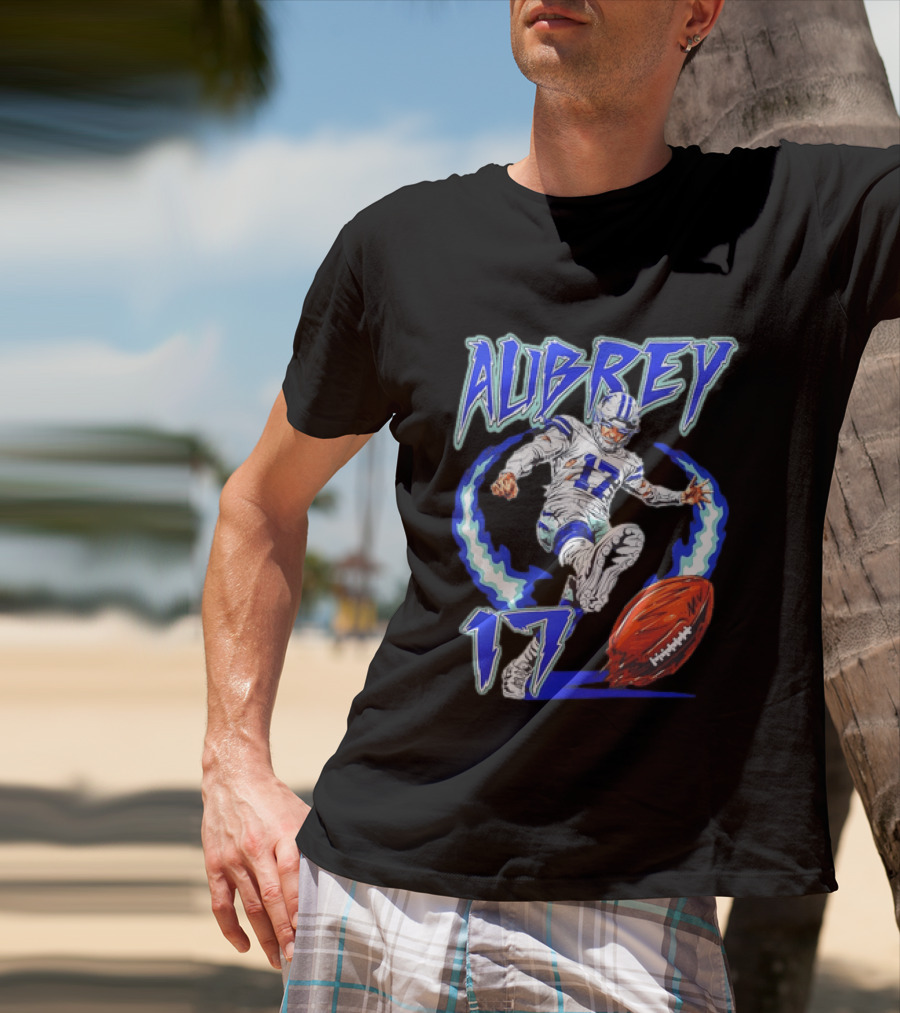 Aubrey 17 Dallas Football Player Kicking With Blue Lightning T-Shirt