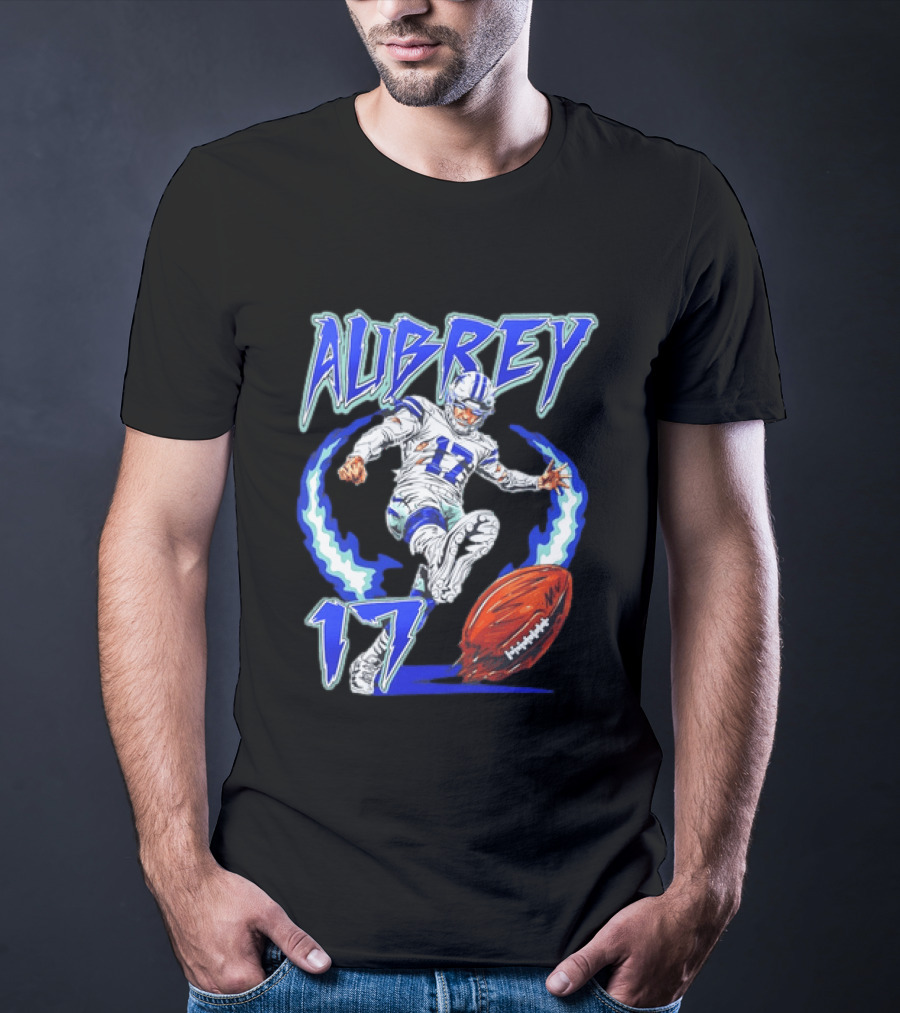 Aubrey 17 Dallas Football Player Kicking With Blue Lightning T-Shirt