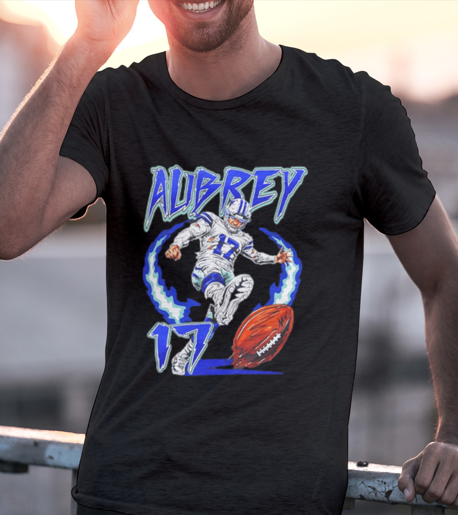 Aubrey 17 Dallas Football Player Kicking With Blue Lightning T-Shirt