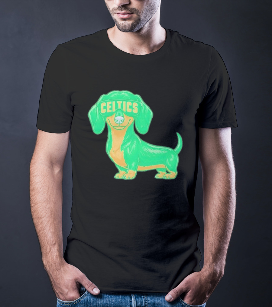 Boston Celtics Dachshund Cartoon Glasses T-Shirt