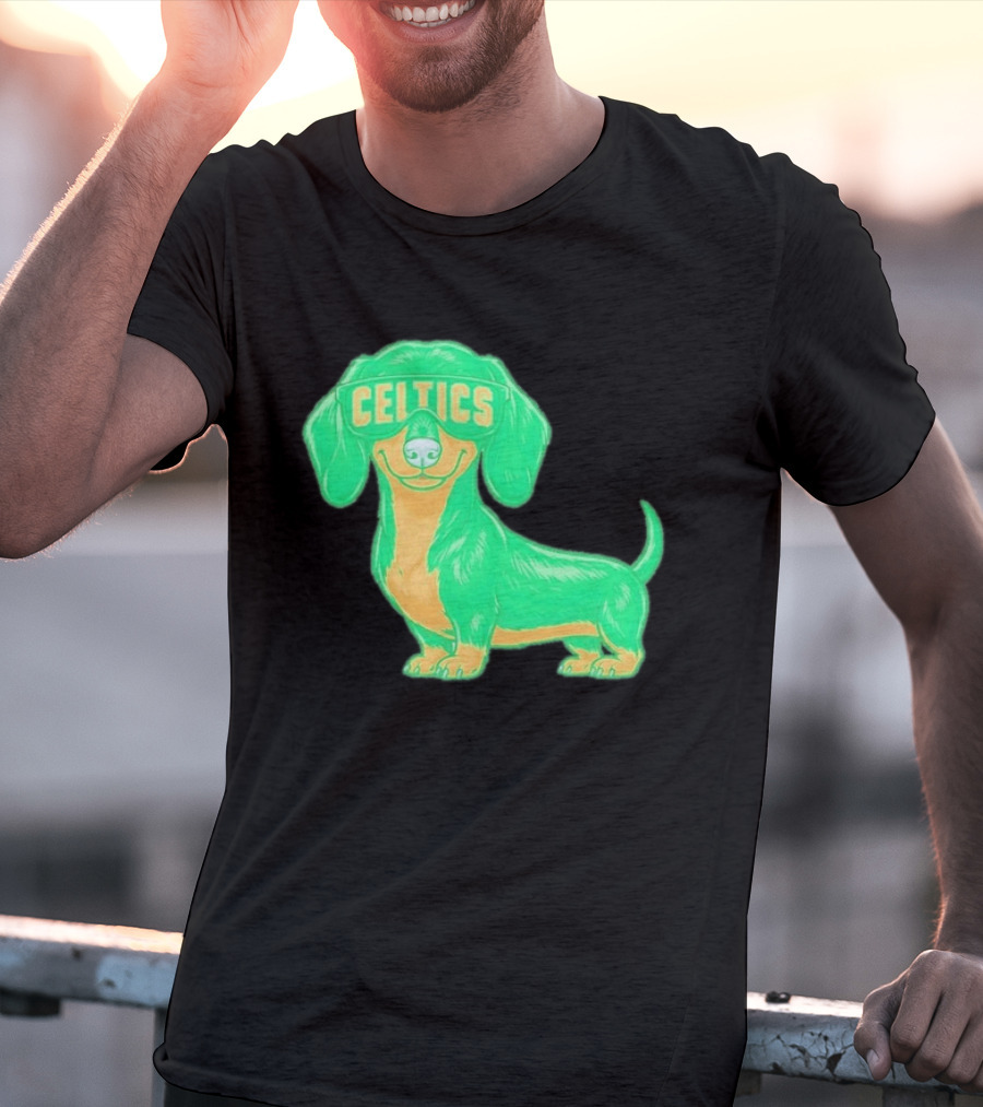 Boston Celtics Dachshund Cartoon Glasses T-Shirt