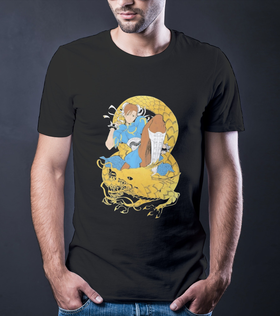 Chun Li Gold Dragon Kick Fighter Blue Outfit Gold Dragon T-Shirt