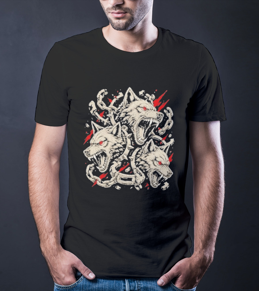 Three Headed Wolf Cerberus Mythical Beast Chains And Red Accents T-Shirt