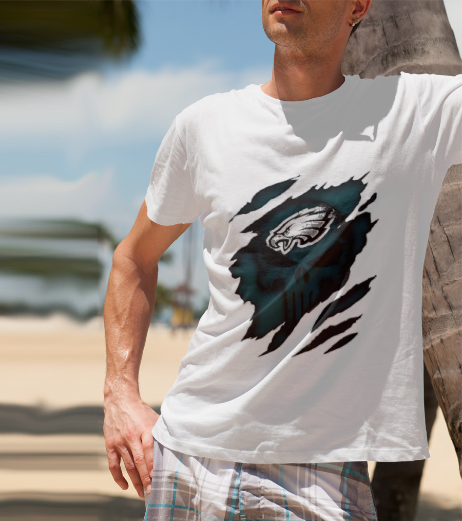 Philadelphia Eagles Punisher Skull Ripped Effect NFL Team Merchandise T-Shirt