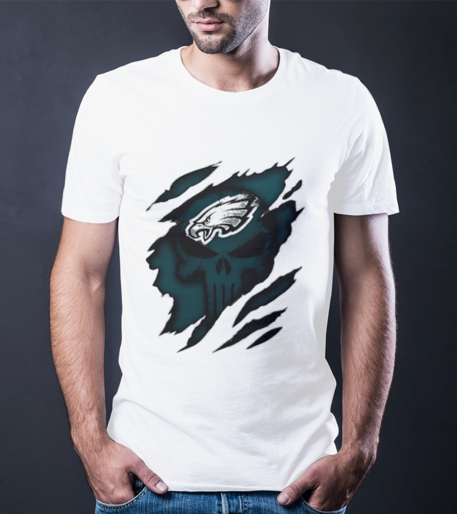 Philadelphia Eagles Punisher Skull Ripped Effect NFL Team Merchandise T-Shirt