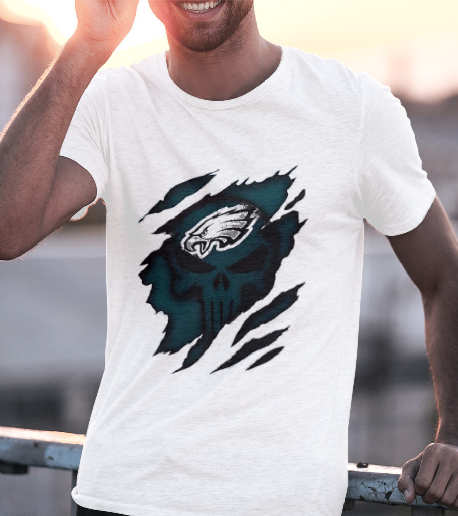 Philadelphia Eagles Punisher Skull Ripped Effect NFL Team Merchandise T-Shirt