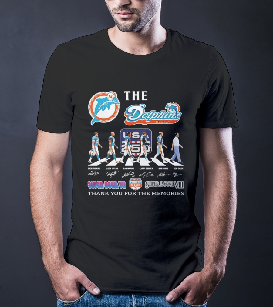 The Miami Dolphins Legends Zach Thomas Jason Taylor Dan Marino Larry Csonka Bob Griese Don Shula Thank You For The Memories Super Bowl VII VIII T-Shirt
