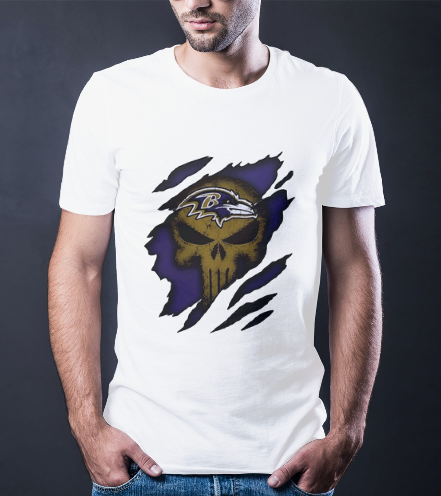 Baltimore Ravens Punisher Skull Torn Effect Fan Gear T-Shirt