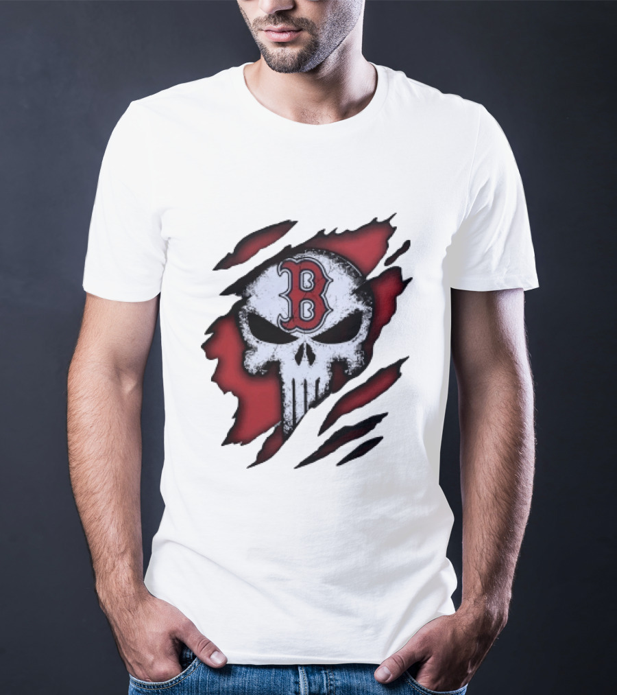 Boston Red Sox Skull Punisher Shredded Effect T-Shirt
