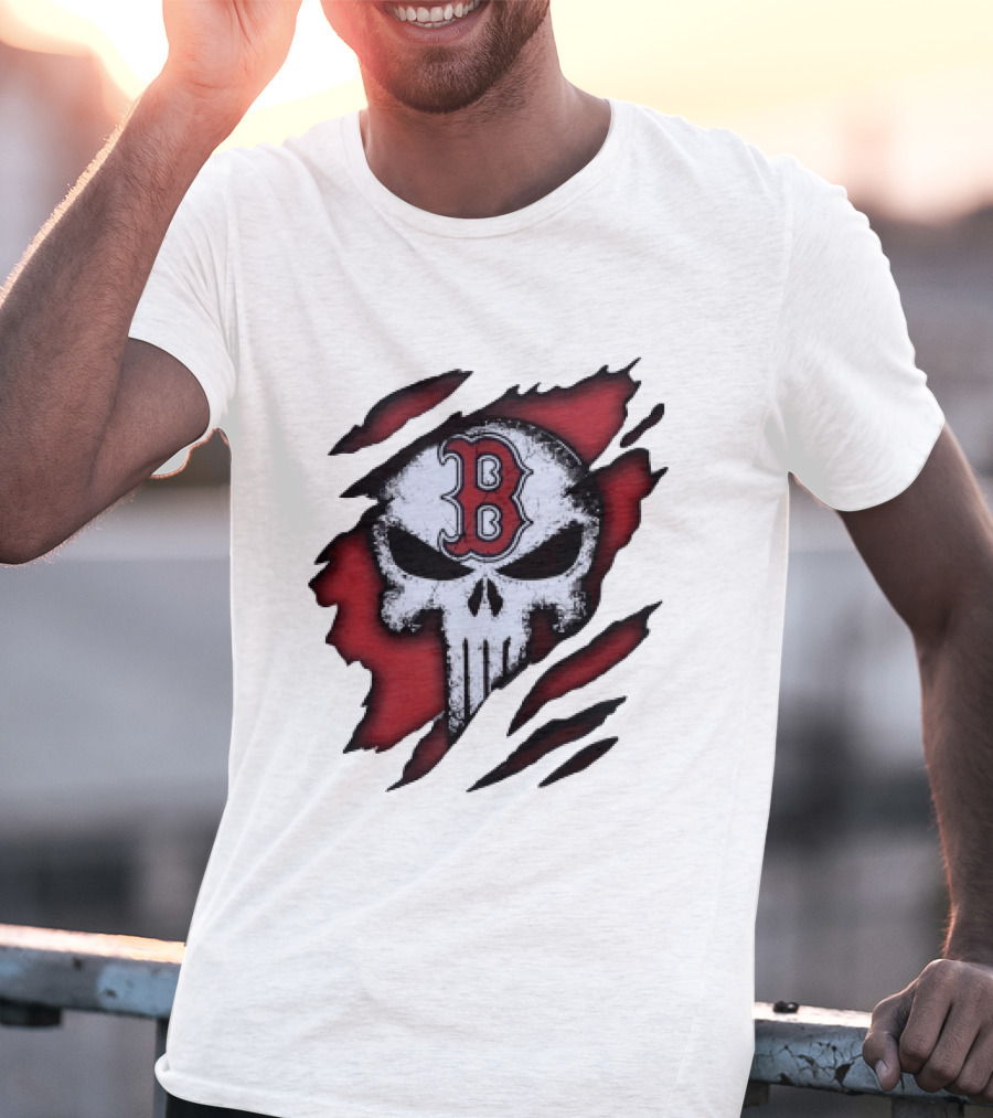 Boston Red Sox Skull Punisher Shredded Effect T-Shirt