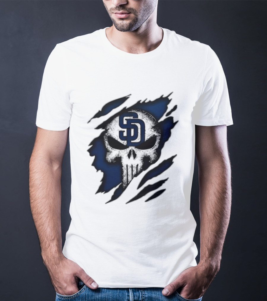 SD Punisher Skull Ripped Fabric San Diego Padres T-Shirt
