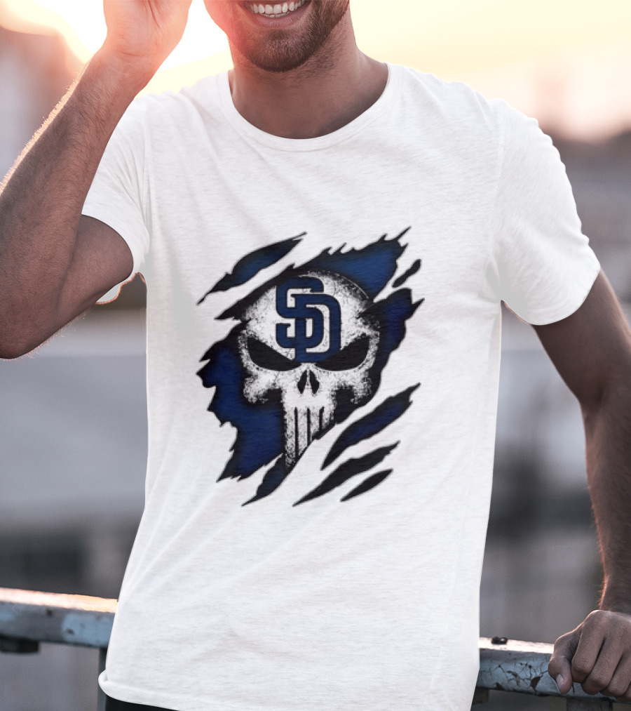 SD Punisher Skull Ripped Fabric San Diego Padres T-Shirt