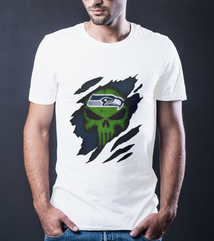 Seattle Seahawks Punisher Skull Ripped Fabric T-Shirt