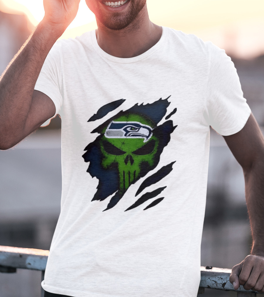 Seattle Seahawks Punisher Skull Ripped Fabric T-Shirt