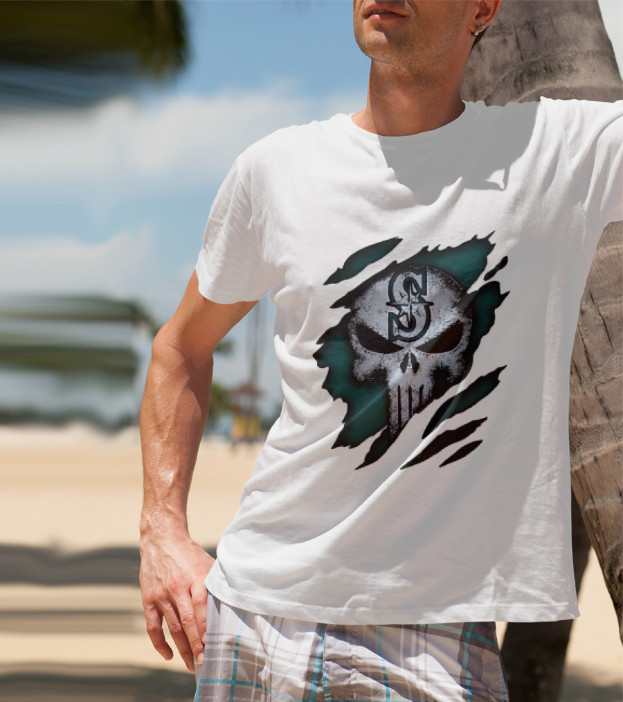 Seattle Mariners Punisher Skull Grunge Tear Effect T-Shirt