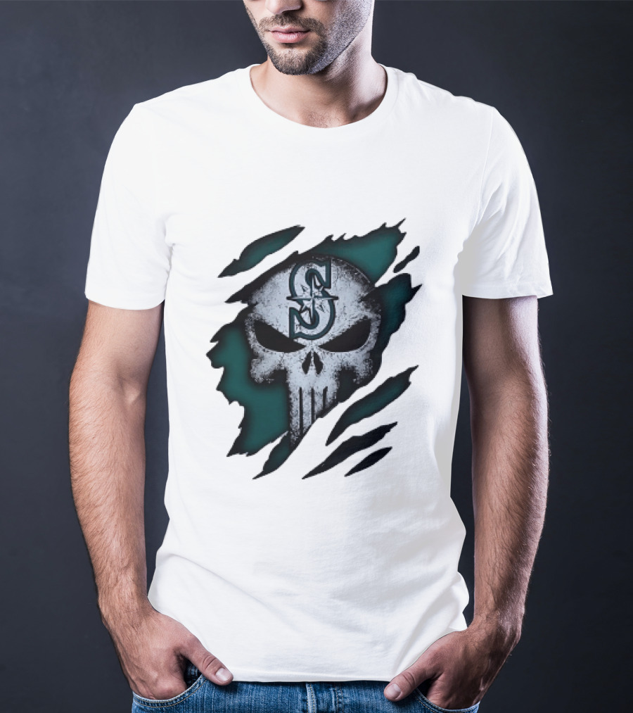 Seattle Mariners Punisher Skull Grunge Tear Effect T-Shirt