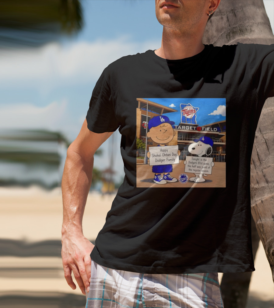Snoopy And Charlie Brown Happy Shohei Ohtani Day Dodgers Twins Target Field T-Shirt